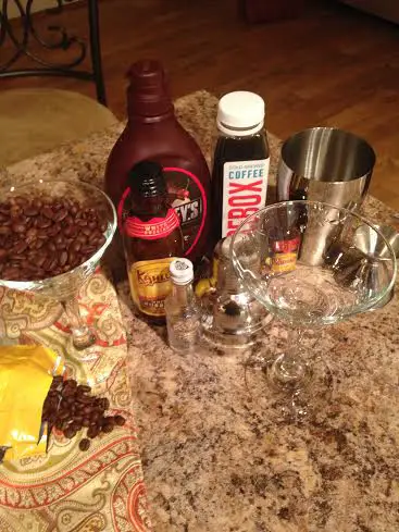 The Chocolate Coffee Martini can be easily prepared. I put my Martini glass in the middle and placed all my ingredients next to it, filling one of the glasses with brown coffee granules.