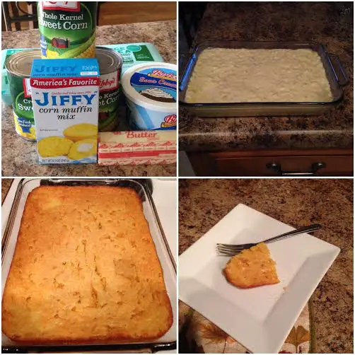 creamy sweet golden brown corn casserole made up with whole and cream corn, butter, eggs, sour cream, Jiffy Mix, and sugar.
